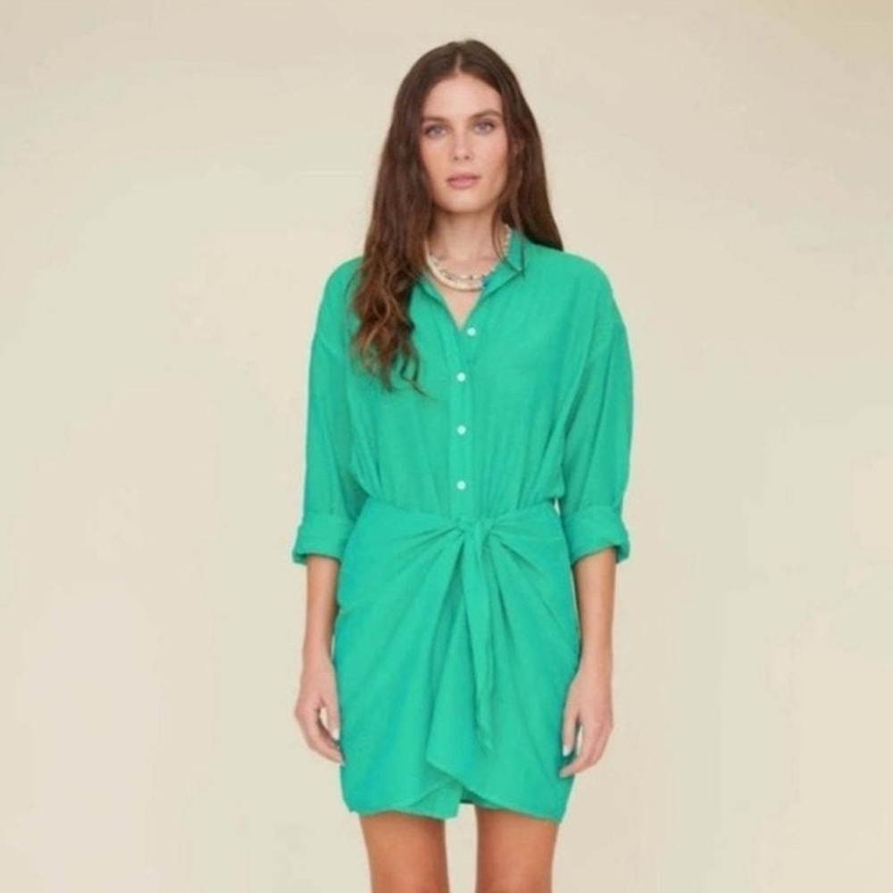 Xirena Arly Jade Silk Shirt Dress Tie-Front Long Sleeve Boho Chic Size XS